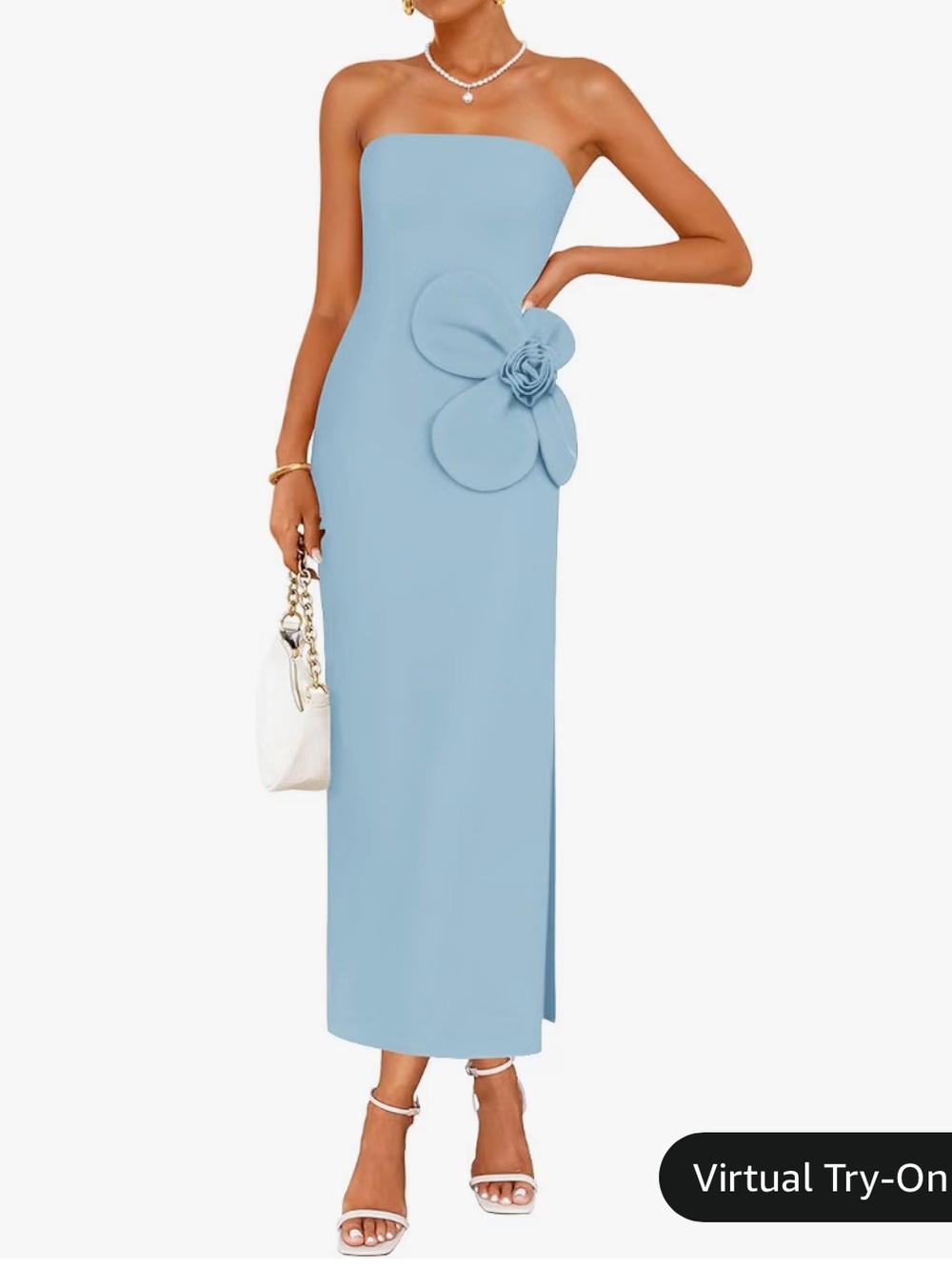 Strapless Light Blue Bodycon Maxi Dress with Floral Detail size Medium